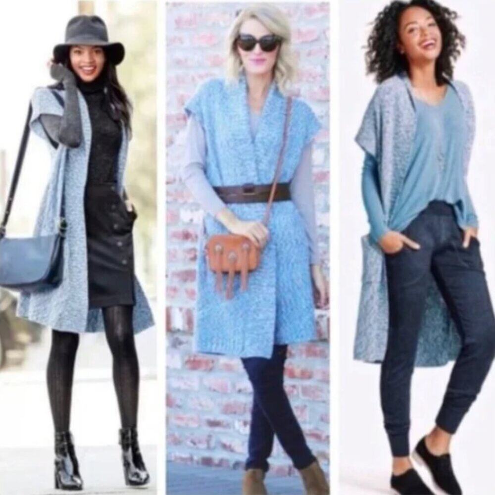 CAbi Women's Napa Open Front Long Duster Blue Gray White Size S